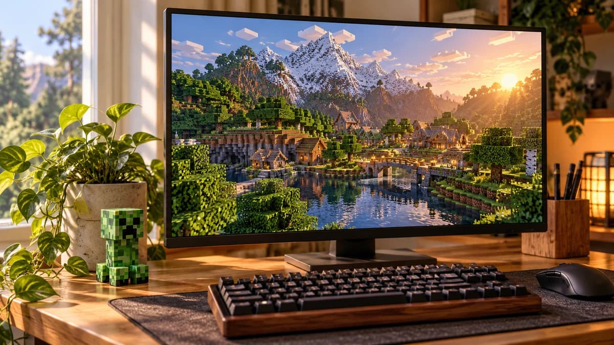Компьютер с открытым миром Minecraft и клавиатурой на столе