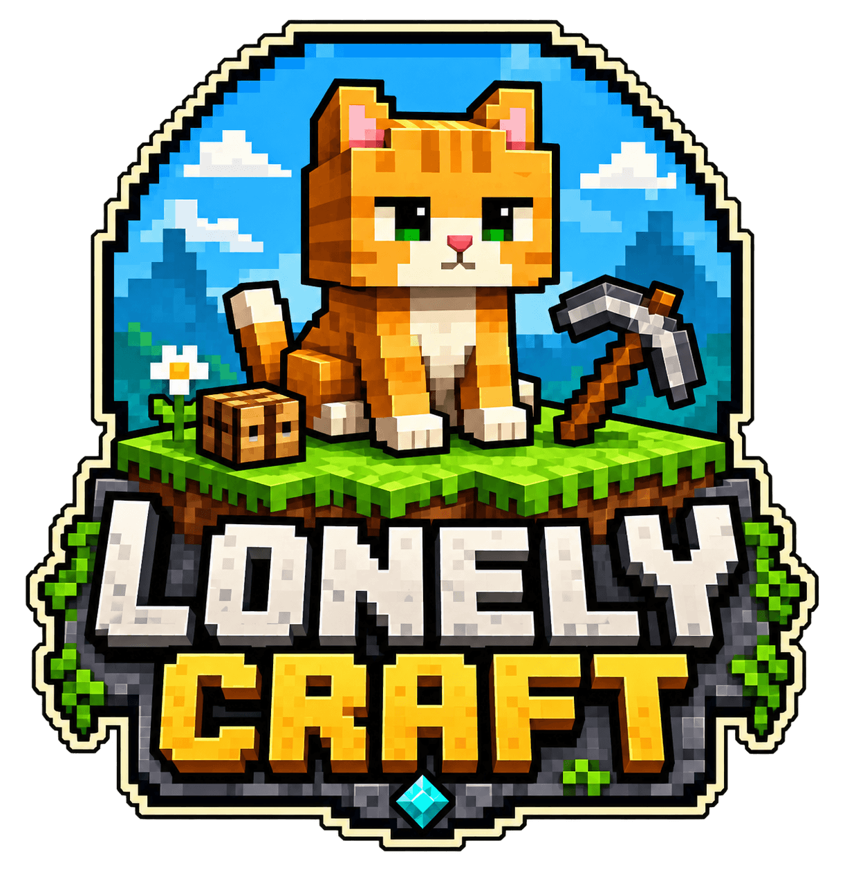 Рыжий кот Lonely Craft с киркой на островке из блоков