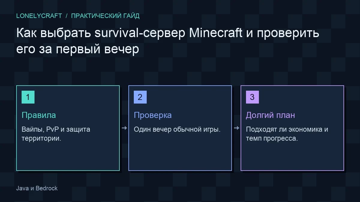 Авторская схема «Как выбрать survival-сервер Minecraft и проверить его за первый вечер»: Правила, Проверка, Долгий план.