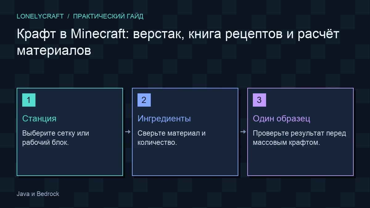 Авторская схема «Крафт в Minecraft: верстак, книга рецептов и расчёт материалов»: Станция, Ингредиенты, Один образец.