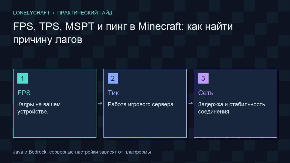 Авторская схема «FPS, TPS, MSPT и пинг в Minecraft: как найти причину лагов»: FPS, Тик, Сеть.