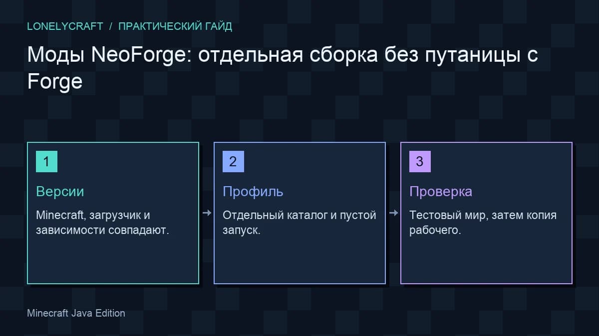 Схема установка сборки neoforge: Версии, Профиль, Проверка