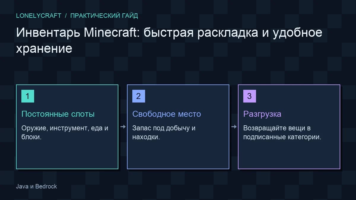 Авторская схема «Инвентарь Minecraft: быстрая раскладка и удобное хранение»: Постоянные слоты, Свободное место, Разгрузка.