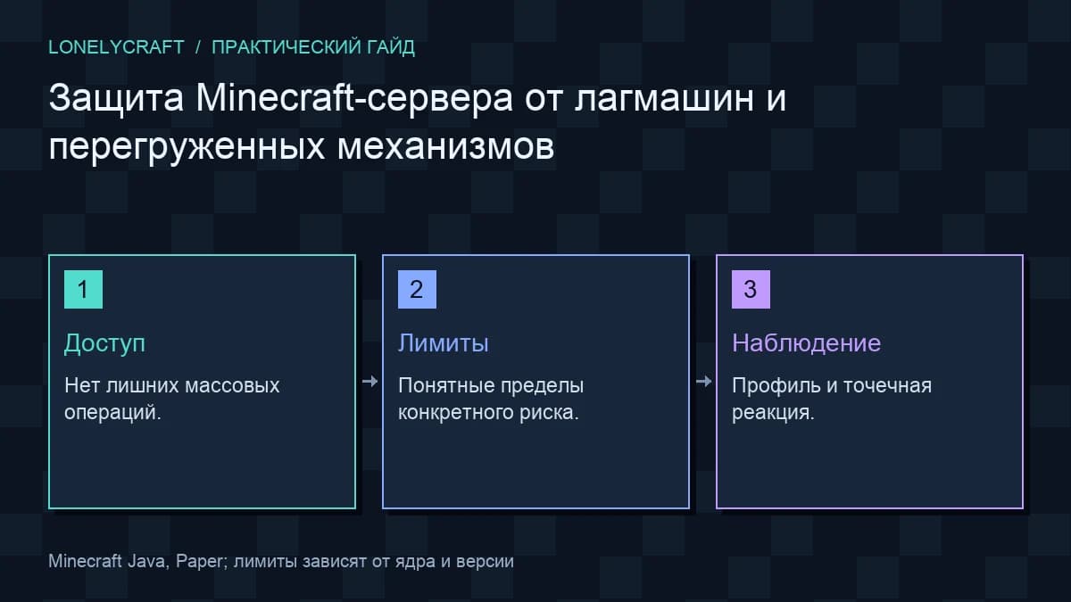 Авторская схема «Защита Minecraft-сервера от лагмашин и перегруженных механизмов»: Доступ, Лимиты, Наблюдение.