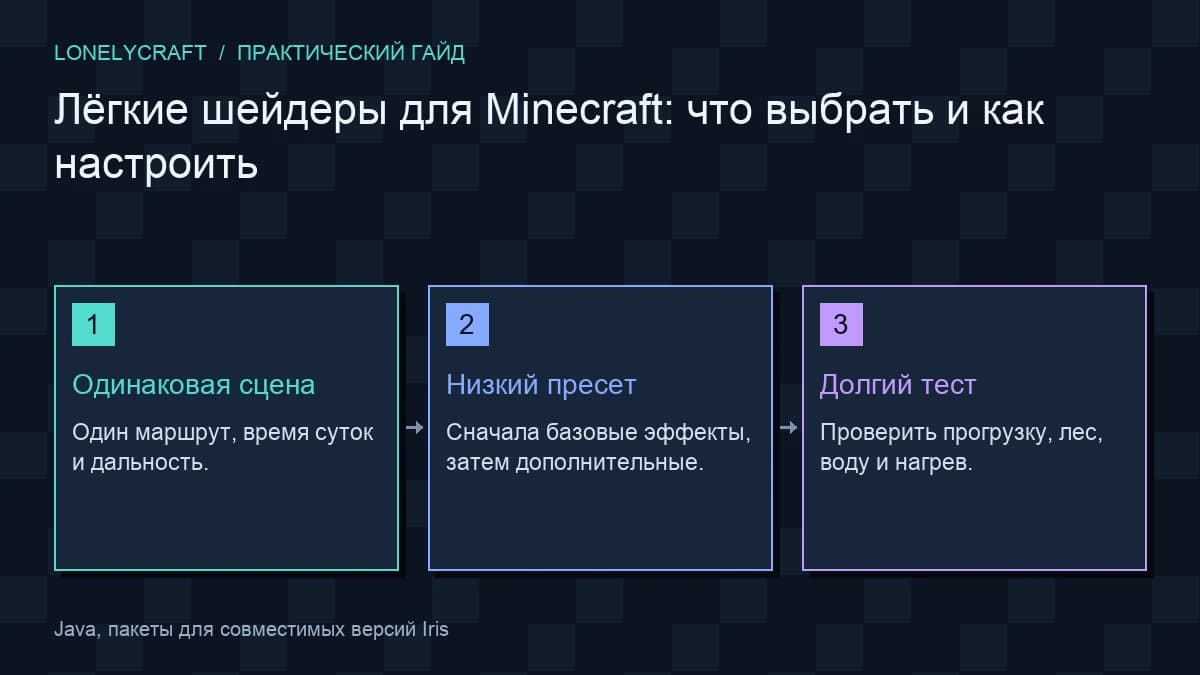 Авторская схема «Лёгкие шейдеры для Minecraft: что выбрать и как настроить»: Одинаковая сцена, Низкий пресет, Долгий тест.