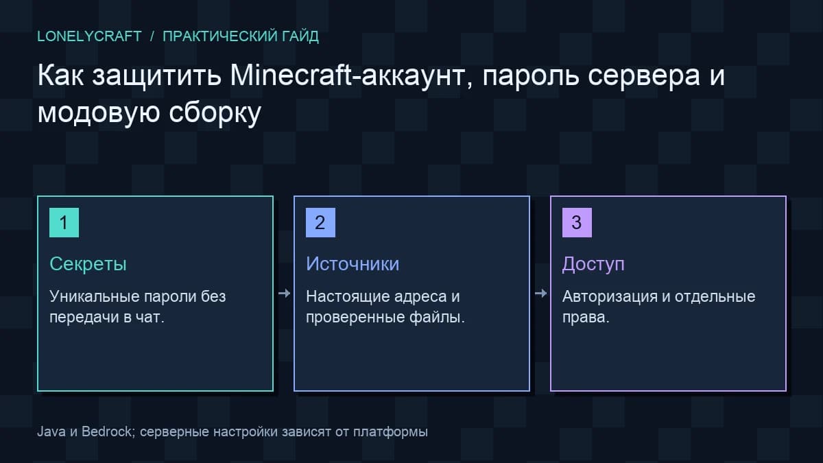 Авторская схема «Как защитить Minecraft-аккаунт, пароль сервера и модовую сборку»: Секреты, Источники, Доступ.