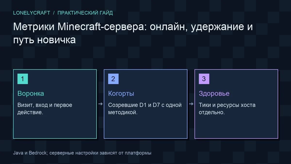 Авторская схема «Метрики Minecraft-сервера: онлайн, удержание и путь новичка»: Воронка, Когорты, Здоровье.