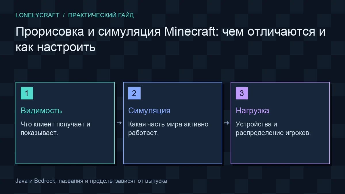 Авторская схема «Прорисовка и симуляция Minecraft: чем отличаются и как настроить»: Видимость, Симуляция, Нагрузка.