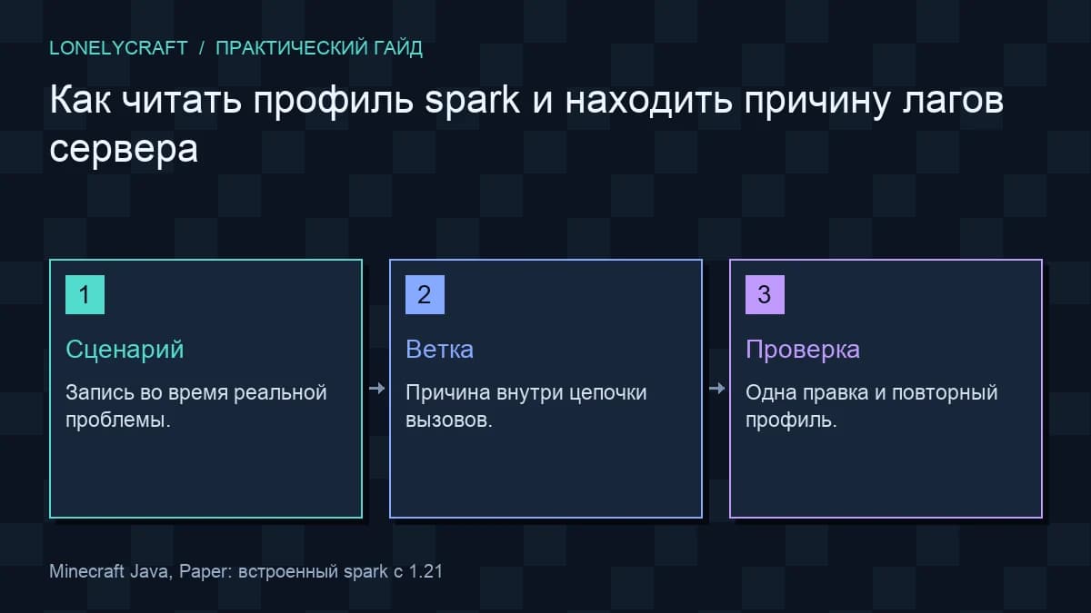 Авторская схема «Как читать профиль spark и находить причину лагов сервера»: Сценарий, Ветка, Проверка.