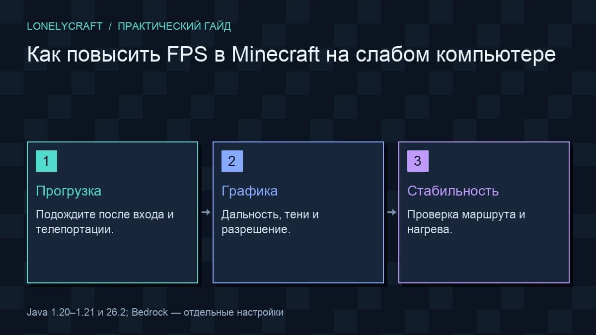 Авторская схема «Как повысить FPS в Minecraft на слабом компьютере»: Прогрузка, Графика, Стабильность.